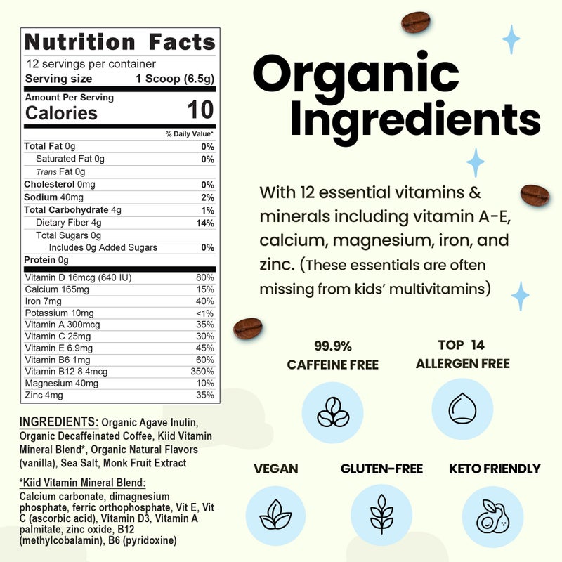Kiid Coffee - 99.9% Caffeine-Free Organic Coffee for Kids - As Seen on Shark Tank - 12 Vitamins & Minerals, 4g Prebiotics, 0g Sugar - Non-GMO & Gluten-Free - Healthy Snack - Original - 12 Servings - Image 4